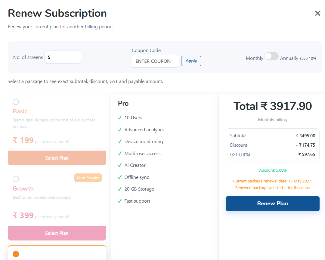 Select plan and billing cycle