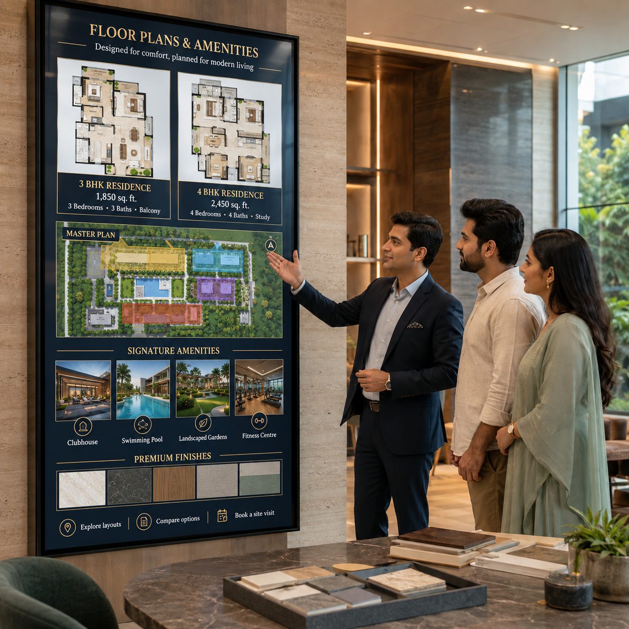 Property floor plans and amenity presentation screens