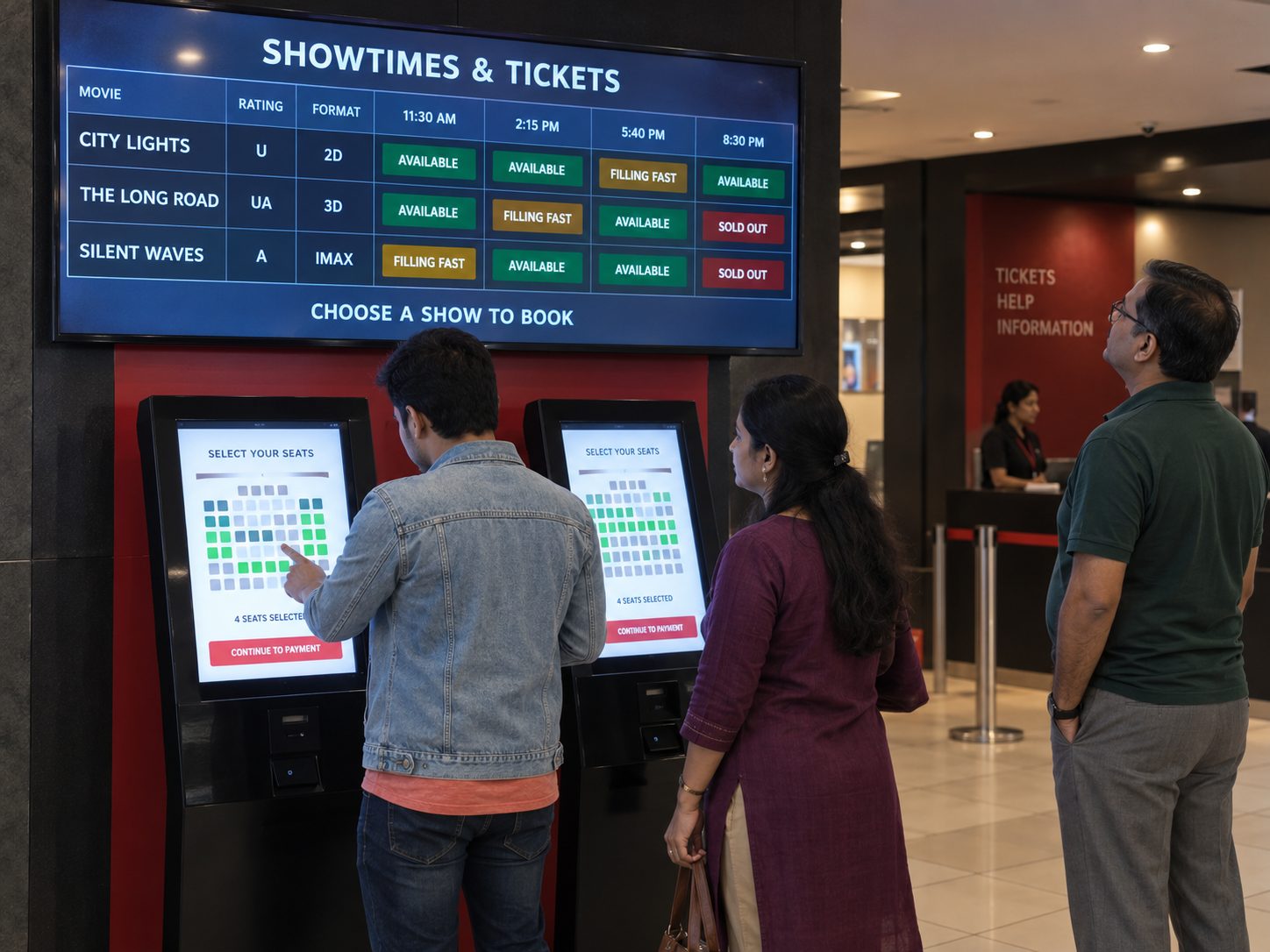 Cinema showtimes on a digital display