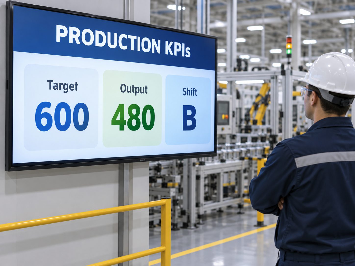 Production KPI dashboard on manufacturing screens