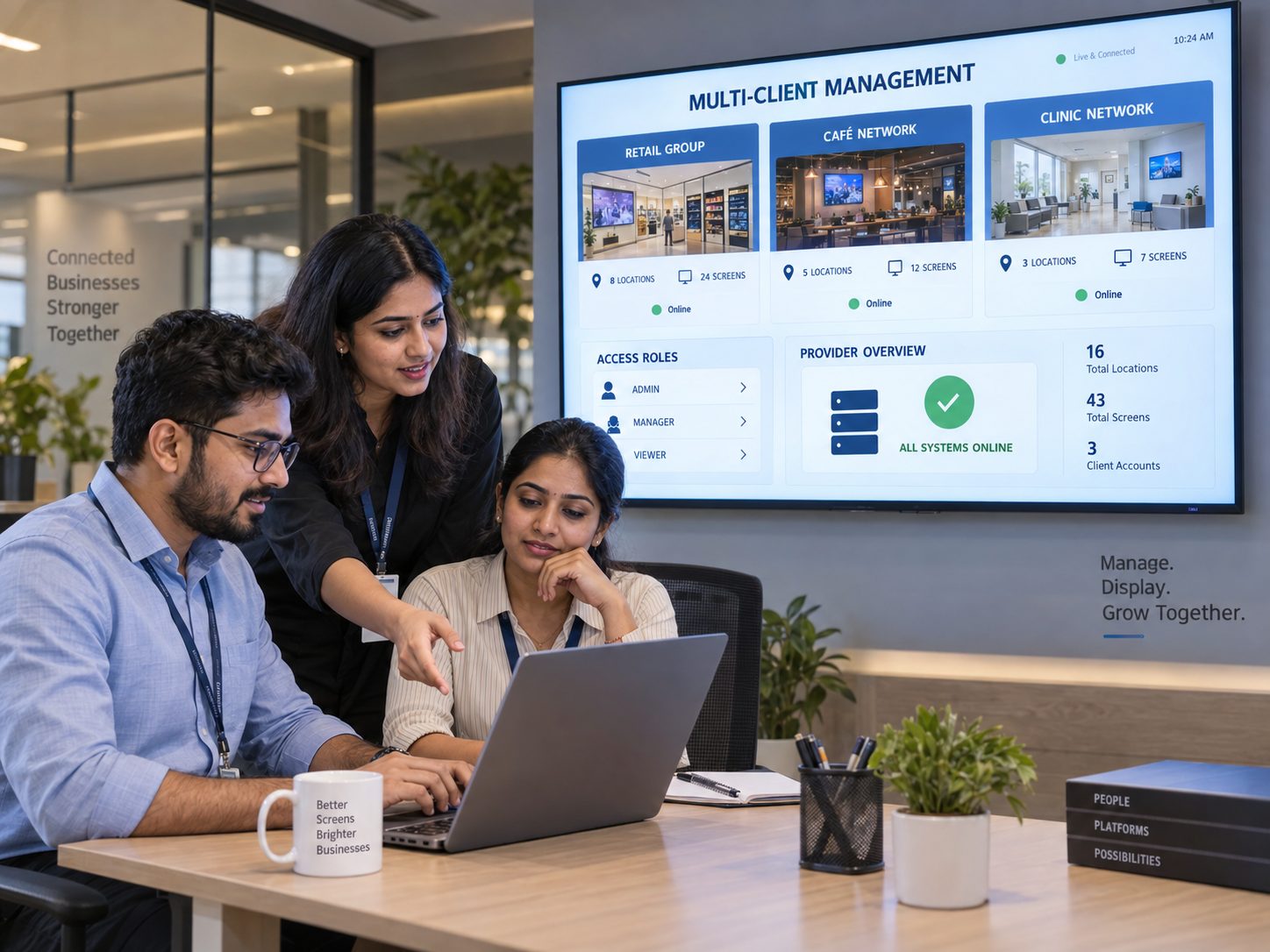 Multi-client telecom digital signage dashboard