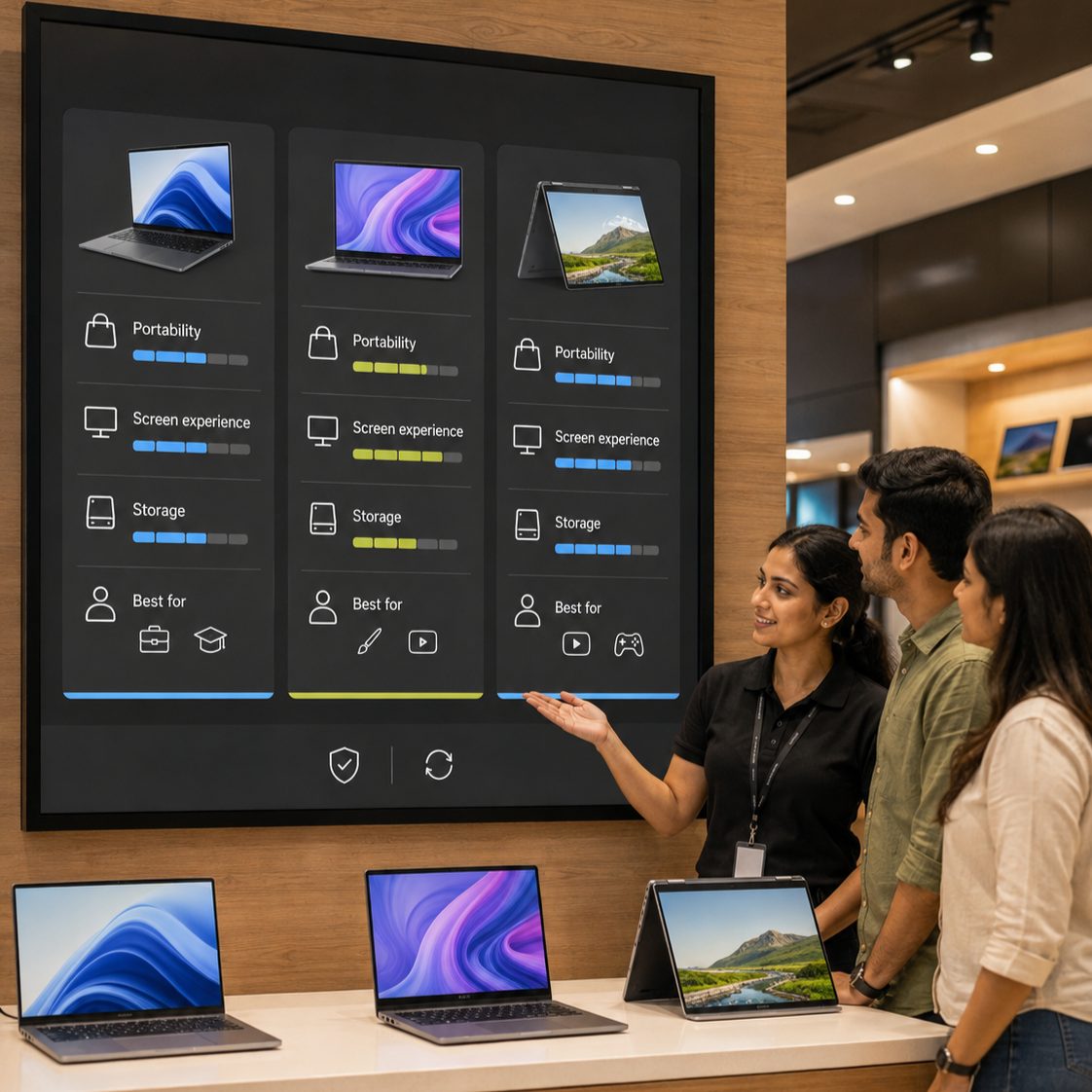 Product comparison chart on electronics retail signage