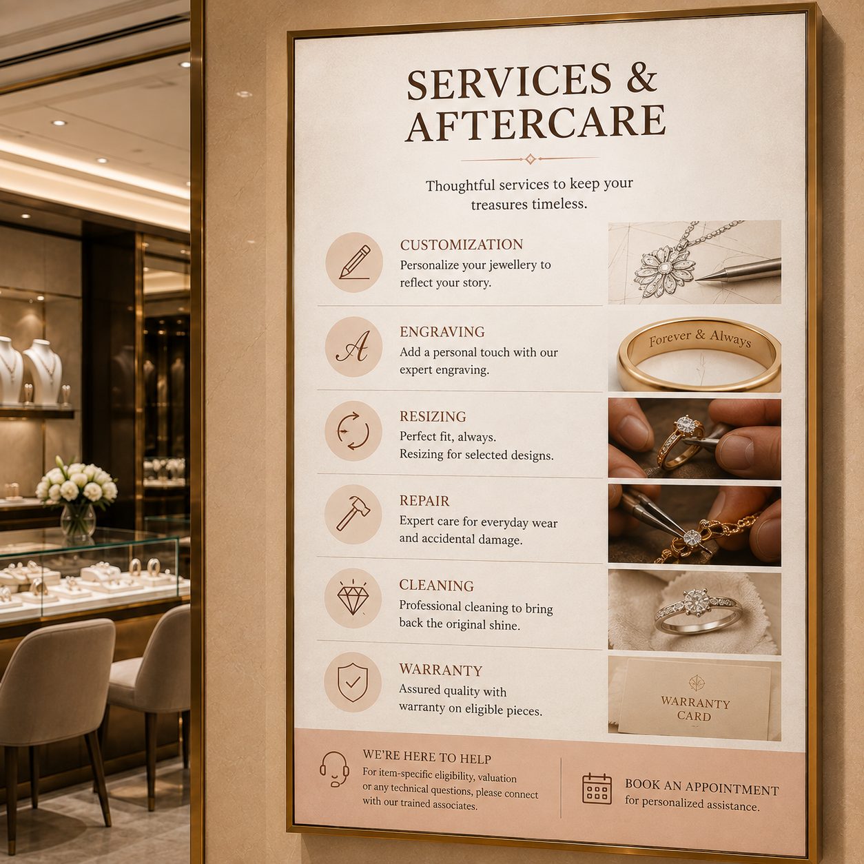 Jewellery aftercare and boutique services signage