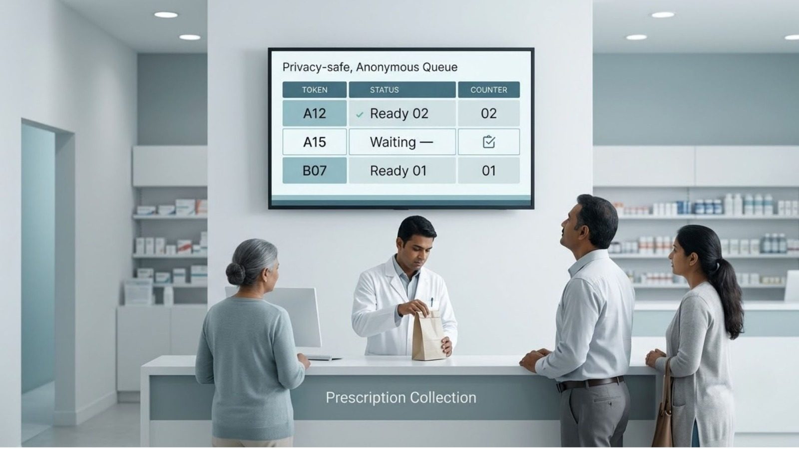 Privacy-aware pharmacy queue and prescription collection signage
