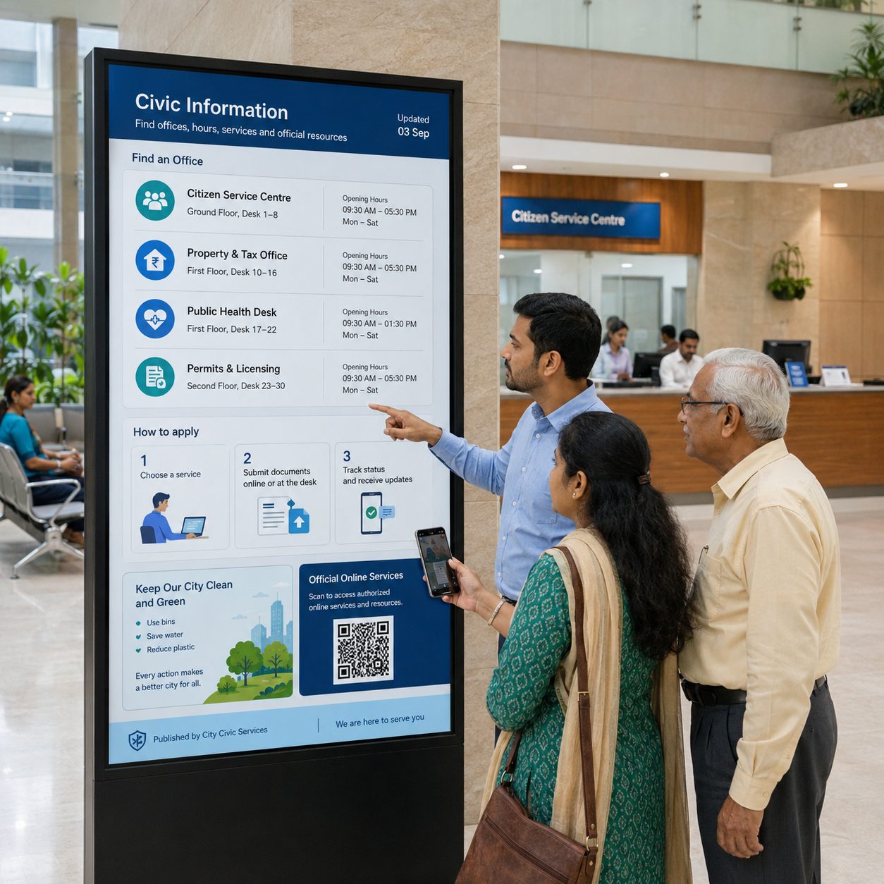 Civic services directory on a public information kiosk