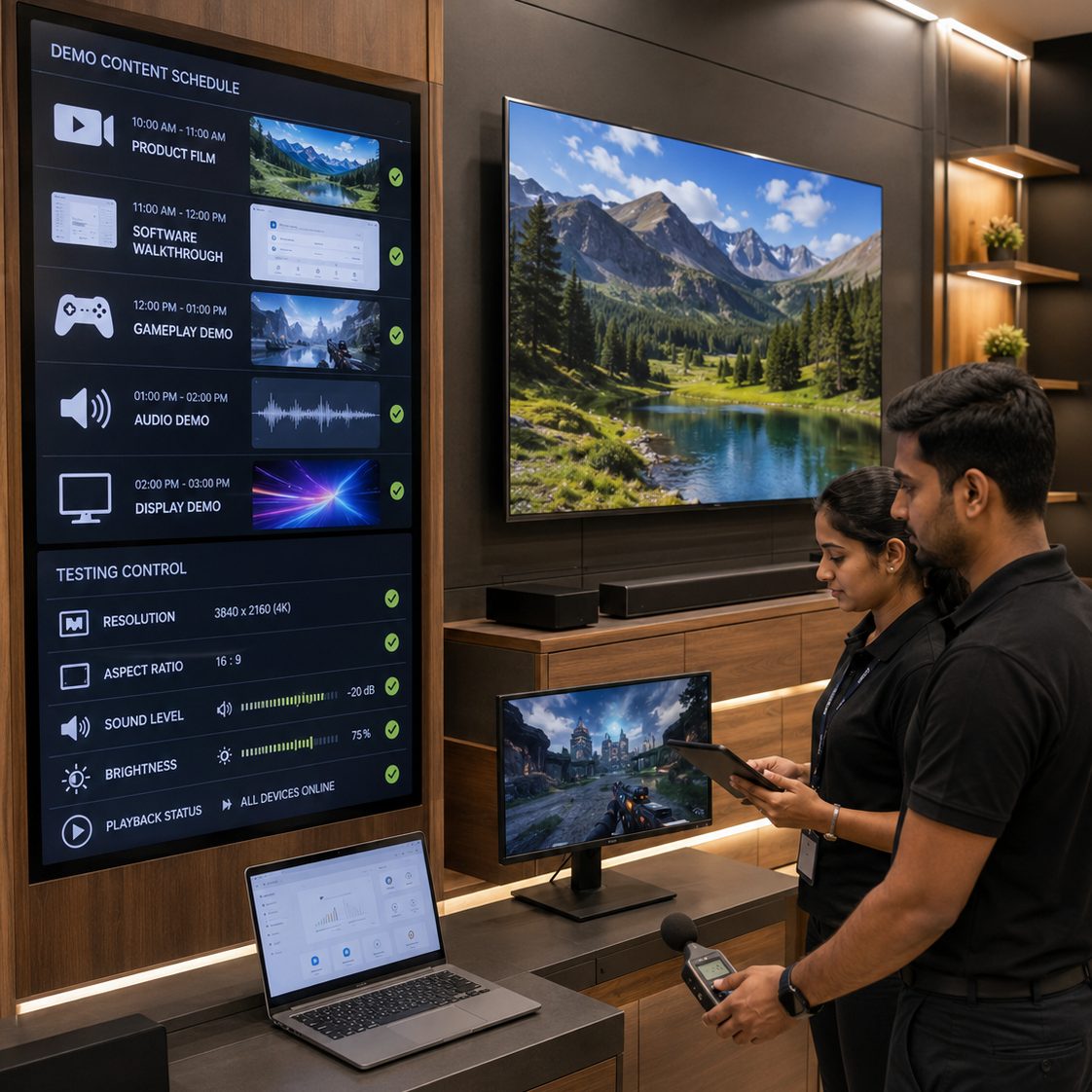 Electronics showroom product demonstration video screens