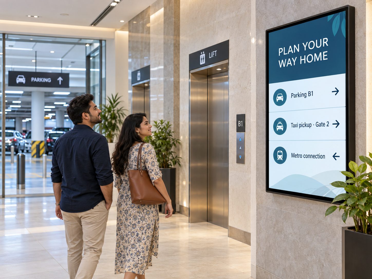 Parking and transport information on shopping mall signage